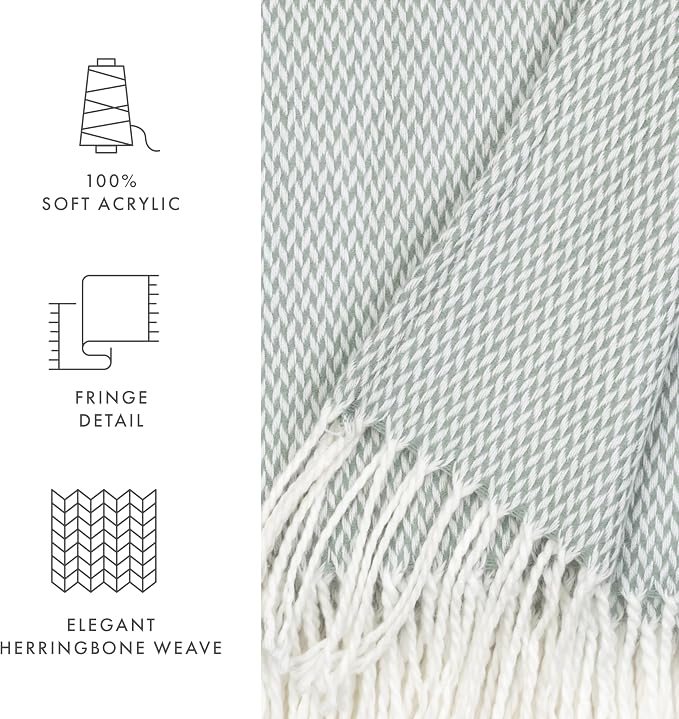 Linen Market Beddings Elevate Your Comfort with Herringbone Throw Blanket - Luxurious Woven Ultra Soft Acrylic - Sized 50" W x 60" L - Fringed Edges - Lightweight Layer for Bed or Sofa (Eucalyptus)