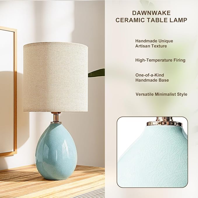Dawnwake 18.5" Table Lamp Set of 2 for Living Room Bedroom, Bedside Lamps for Night Stands, Desk Nightstand Lamp Dimmable, Modern Linen Cream Ceramic Lamps (Blue)
