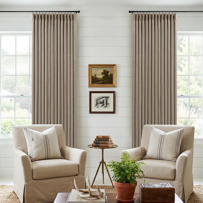 Dark Flax Linen Pinch Pleated Curtains 105 Inches Long for Bedroom Light Taupe 100% Black Out Floor to Ceiling Sound Dampening Double Layer Living Room Darkeing 2 Panels Greige Windows Drapes