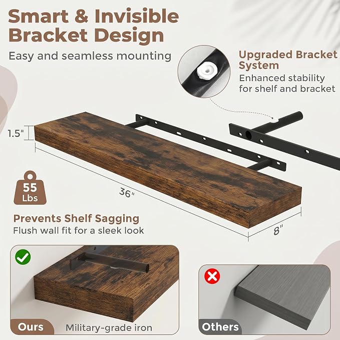 36 Inch Floating Shelves for Wall, 8"D Wood Storage Shelves, Brown Finish | Engineered Wood, Invisible Bracket, Large Storage, Easy Install, Hold Up to 55lbs, Living Room, Bathroom, Bedroom, Kitchen