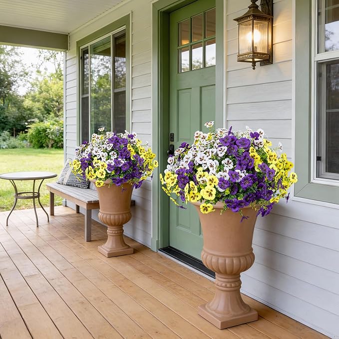 24 Pcs Artificial Fake Pansy Flowers for Outdoor,Faux Silk Plants Flowers UV Resistant Pansies Spring Flowers for Planter Front Door Porch Yard Patio Garden Window Box Home Decor(3 Color)
