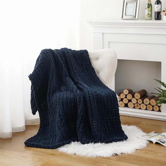 Battilo Navy Chunky Knit Throw Blanket, Soft and Thick Navy Blue Chenille Throw Blanket, 50"x60" Handmade Cable Knit Crochet Blanket, Rope Knot Knitted Throw Blankets for Couch Home Decor, Navy