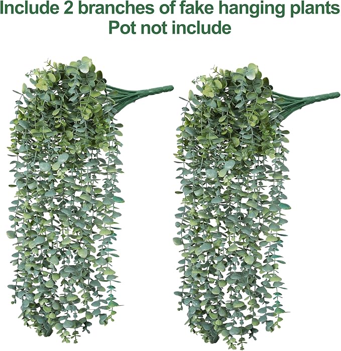 Faux Outdoor Plants Fake Hanging Plants for Outdoors Outside Decorations, 2 Pcs White Faux Eucalyptus Vines Realistic UV Resistant Artificial Greenery for Planters Porch Garden Yard Front Door Patio