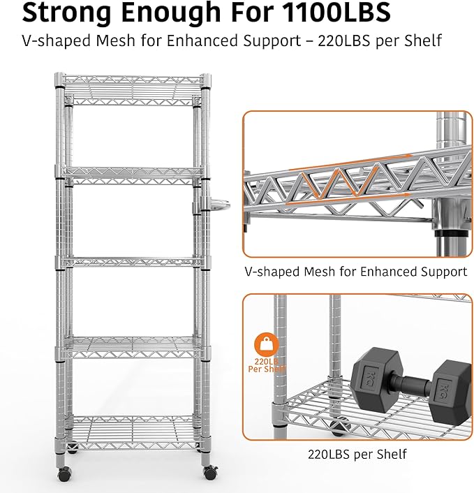 Garvee 5-Tier Storage Shelves Heavy Duty Metal Wire Rack Shelving, 1100 LBS Capacity Rolling Storage Rack with Wheels, for Living Room Pantry Kitchen Bedroom Organization