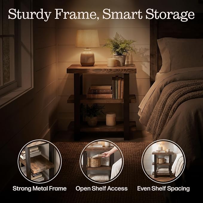 Alaterre Furniture Pomona Solid Wood 3-Tier End Table, Rustic Brown, 20” | Small Side Table or Nightstand with Storage Shelf and Metal Legs, Rustic Farmhouse Chair Side Table for Living Room & Bedroom
