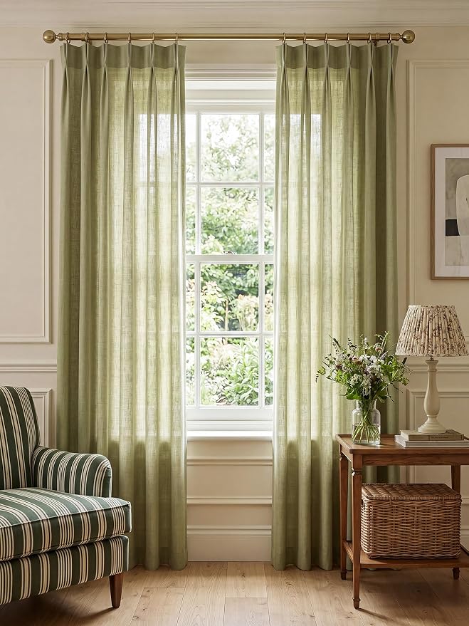 THREE GIRLS Pinch Pleated Linen Curtains 84 Inch Length 2 Panels, Light Filtering Linen Blend Drapes 40" W x 84" L, Olive Green Neutral Curtains for Living Room Bedroom with Hooks