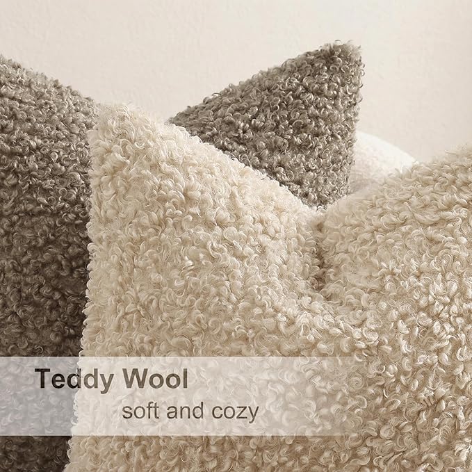 decorUhome Pack of 2 Throw Pillow Covers 22x22 Inch, Faux Fur Decorative Sherpa Pillow Covers Fuzzy Accent Soft Sheepskin Fleece Pillow Cases for Couch Living Room Bed, Neutral Oatmeal