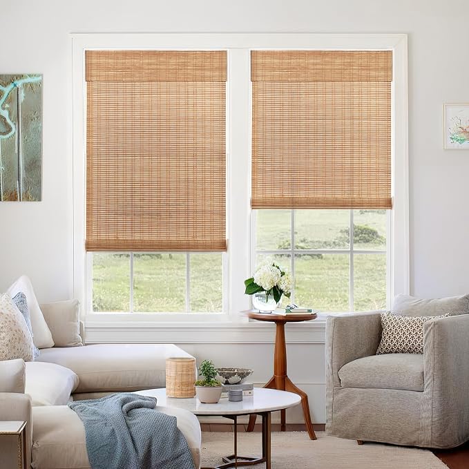 LazBlinds No Tools No Drill Cordless Bamboo Roman Shades, Light Filtering Window Treatment, Roll Up Bamboo Blinds for Windows 20'' W x 64'' H, Ceylon Light Russet