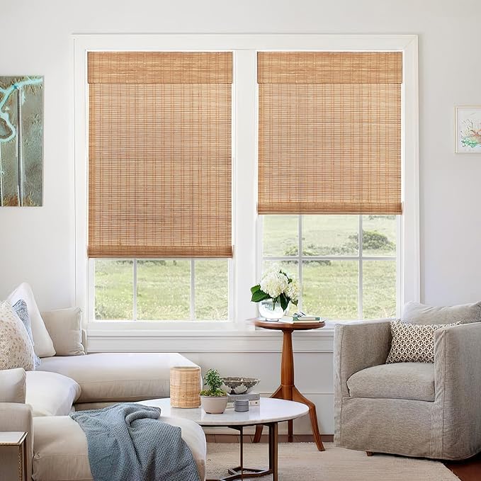 LazBlinds No Tools No Drill Cordless Bamboo Roman Shades, Light Filtering Window Treatment, Roll Up Bamboo Blinds for Windows 36'' W x 48'' H, Ceylon Light Russet