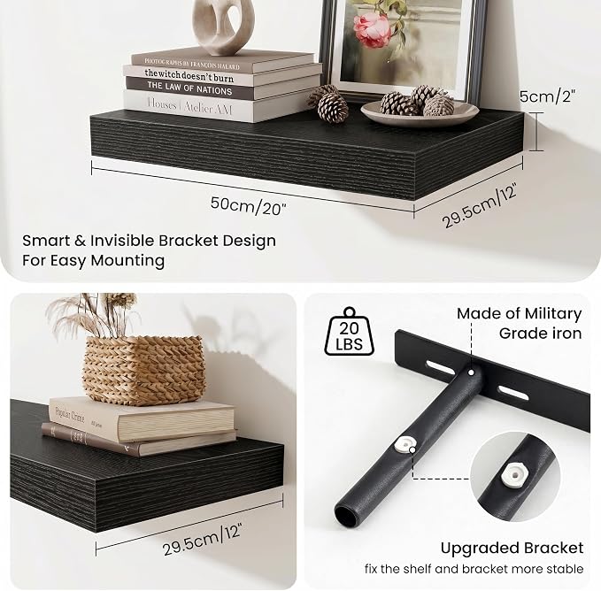 Fun Memories Wood Floating Shelves 20 Inch, 12 Inch Deep Shelves Wall Mount, Wall Shelves with Invisible Bracket, 20" Floating Shelves for Living Room Bathroom Bedroom, Black, Set of 2