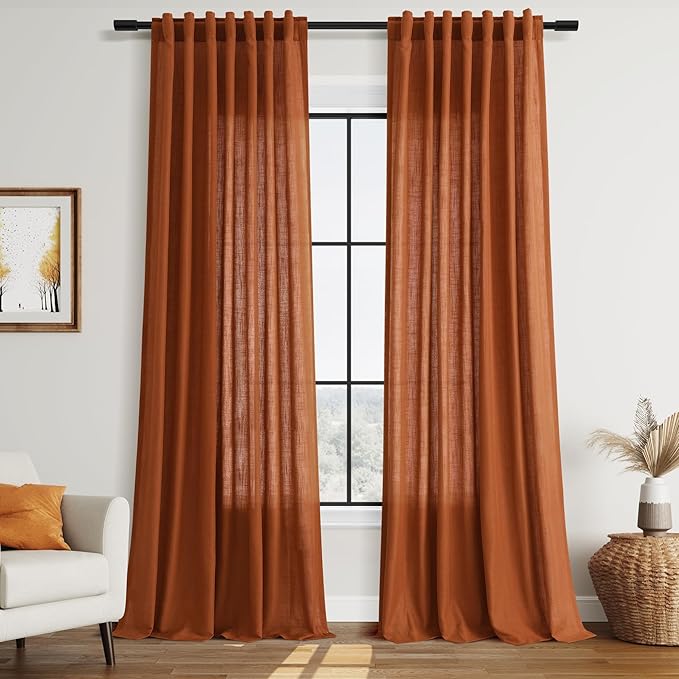 Nanspring Rust Linen Curtains 102 Inches Long for Living Room Light Filtering Semi Sheer Curtain Back Tab and Rod Pocket Vintage Rustic Luxury Home Decor Drapes for Bedroom Office 52x102, 2 Panels