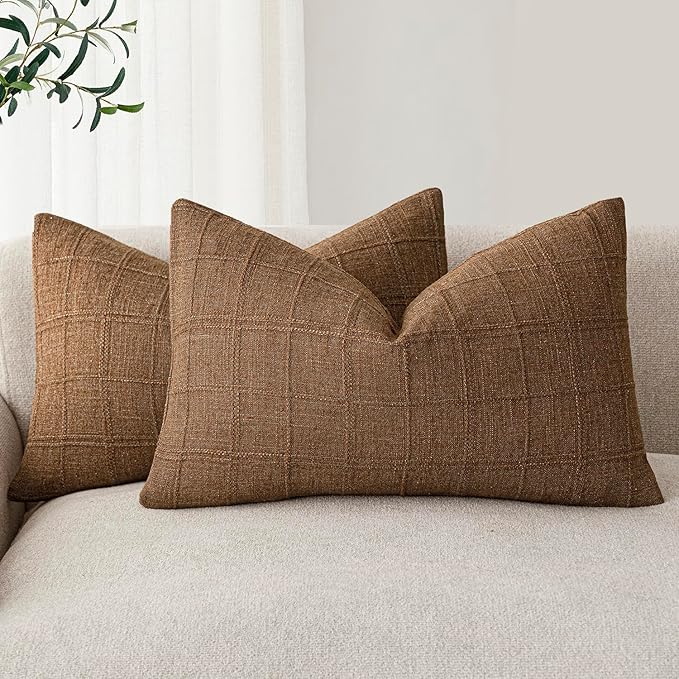Foindtower Set of 2 Decorative Linen Check Throw Pillow Covers Neutral Farmhouse Lumbar Cushion Covers Modern Boho Home Decor for Sofa Chair Couch Bedroom Living Room,12×24 Inch,Brown Hazel