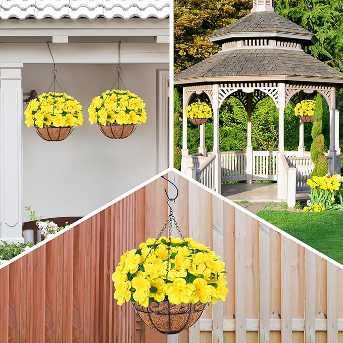 Ouddy Decor Artificial Hanging Flowers with Basket, Silk Azalea Flowers in Coconut Basket, Fake Hanging Plants Artificial Decor for Outdoor Indoor Yard Garden Patio Home Room Porch Decor (Yellow)