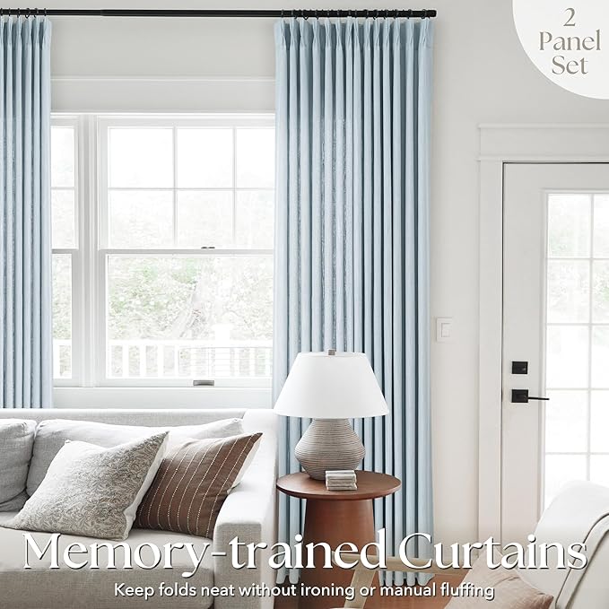 Light Blue Pinch Pleated Linen Curtains 90 inches Long with Clips and Hooks for Boys Bedroom Elegant Neutral Farmhouse Dusty Blue Semi Sheer Pleat Drapes Living Room 40"x90" 2 Panels Grey Blue