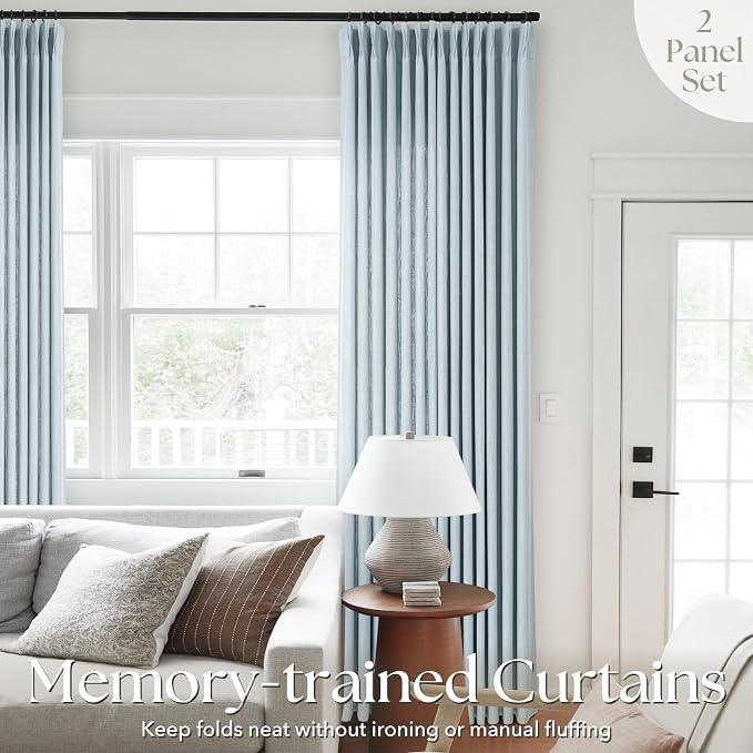 Light Blue Pinch Pleated Linen Curtains 102 inches Long with Clips and Hooks for Boys Bedroom Elegant Neutral Farmhouse Dusty Blue Semi Sheer Pleat Drapes Living Room 40"x102" 2 Panels Grey Blue