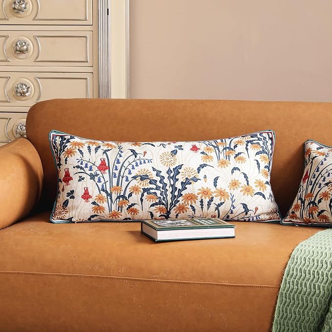 bilin gaier Designer Linen Throw Pillow Covers,28"x12" Set of 2-Tijuana | Vintage Elegant Rectangular Pillow Cover,Concealed Zipper,Floral Pattern,Sofas,Bedroom,Living Room,Lounge Chairs