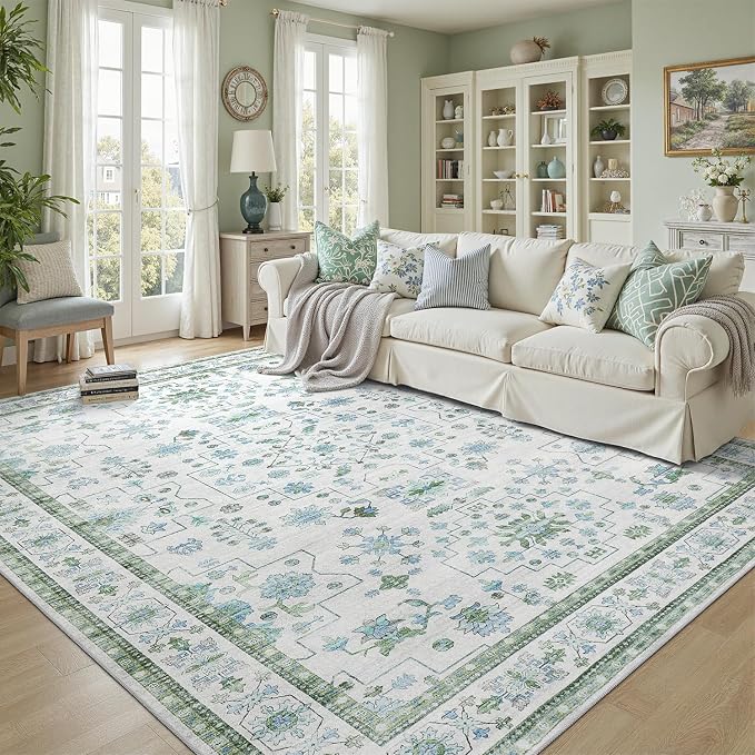 DCX Green 6x9 Rug, Kid & Pet Friendly with Rubber Back Non Slip, Machine Washable Stain Resistant Vintage Boho Floral Rug for Living Room, Bedroom, Soft Low Pile Large Nursery Carpet