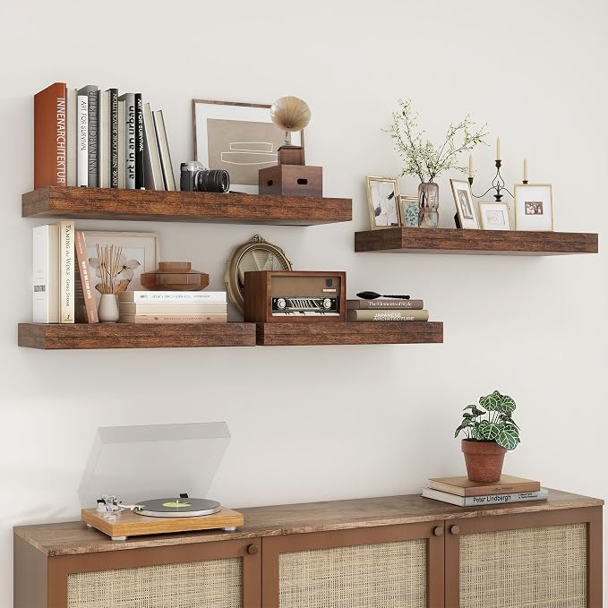 FLYJOE 30'' Brown Floating Shelves, 12 Inch Deep Shelves for Wall Set of 2 | 30'' x 12'' Rustic Brown Wood Shelves for Framhouse Living Room Bathroom Kitchen Laundry Room
