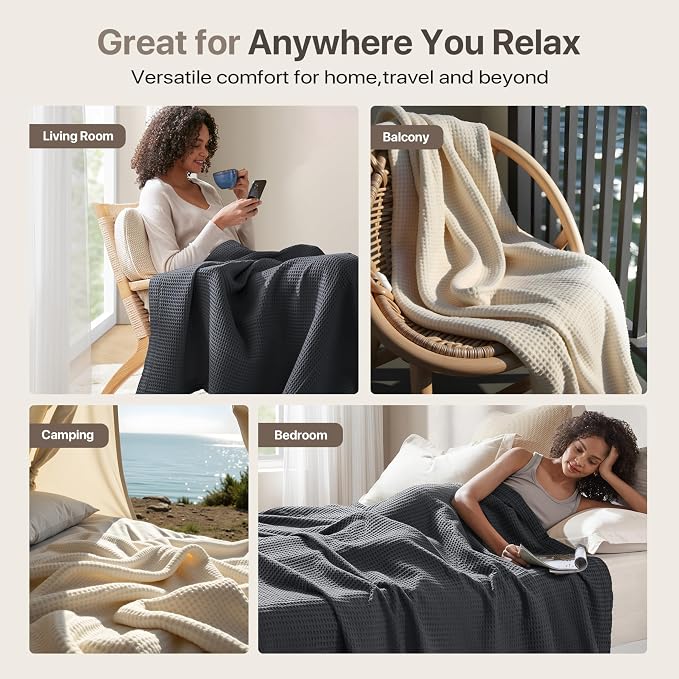 Madison Park 100% Cotton Blanket, Trendy Woven Waffle Weave Design, All Season, Lightweight, Breathable, Soft and Cozy Casual Summer Cover, for Bed, Couch and Sofa, King (108 in x 90 in), Dark Grey