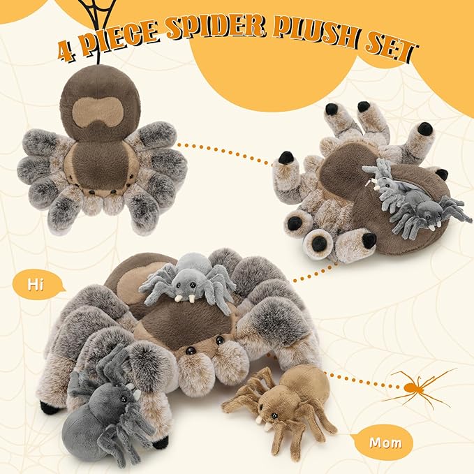MorisMos 4Pcs Large Spider Plush, 16 Inch Mommy Spider Stuffed Animals with 3 Babies, Soft Cuddly Pillow Plush Gifts for Kids Boys Girls, Brown