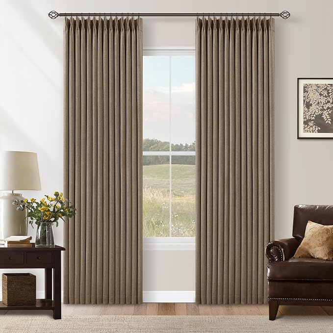Latte Pleated Linen Blackout Curtains 84 Inches Long for Bedroom Living Room Pinch Pleat Black Out Thermal Insulated Ring Hooks Back Tab Room Darkening Drapes Light Brown Curtains with Liner