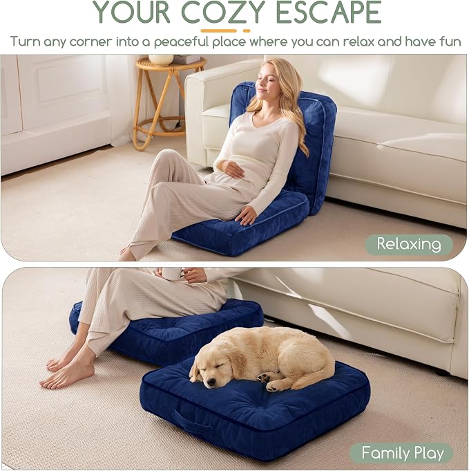 HIGOGOGO Large Floor Pillow Cushion for Adults, Meditation Cushion Pillow with Handle, Lustrous Chenille Tufted, Square Floor Sitting for Tatami Living Room or Yoga, 22x22 Inch, Navy