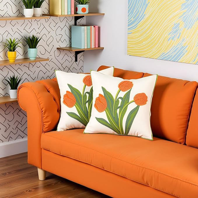 Embroidery Throw Pillow Covers 16x16 inch Pack of 2 Orange Tulip Flower Pillowcases Spring Summer Pillow Covers for Couch Cotton Canvas Cushion Cover Square Farmhouse Floral Decor Pillow Case