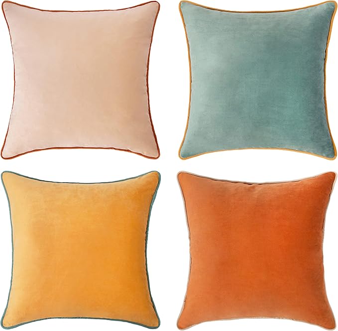 MONDAY MOOSE Decorative Throw Pillow Covers Cushion Cases, Set of 4 Soft Velvet Modern Double-Sided Designs, Mix and Match for Home Decor, Pillow Inserts Not Included (16x16 inch, Orange/Teal)