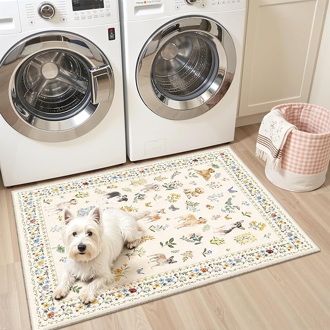 Soalmost 2x3 Dog Rugs for Entryway, Machine Washable Door Mat Animal Floral Small Area Rug Non-Slip Low Pile Soft Throw Rugs for Entrance Kitchen Indoor Front Door Kids Room (2 x 3,Beige)