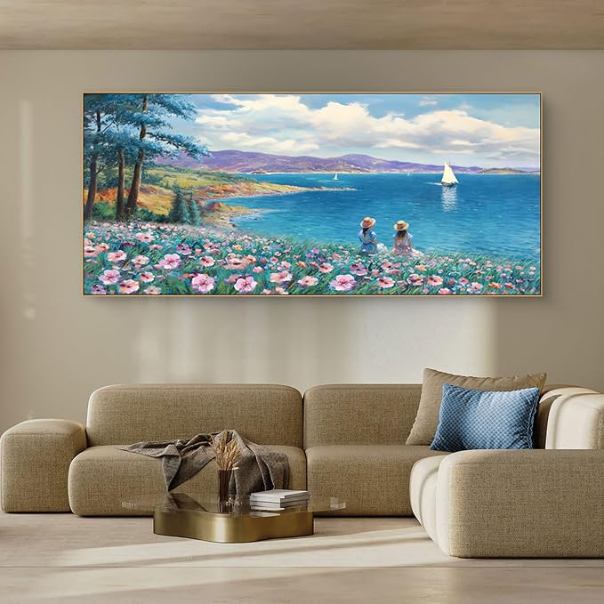 XLSJERST Framed Wall Art for Living Room - Extra Large 70x31 Inches Rustic style Seascape Canvas Picture Pink Flower Tree Sailboat Mountain Wall Decor for Bedroom Office Home Decoration