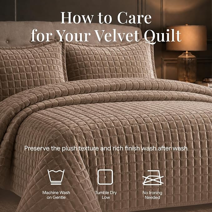 Tribeca Living Luxury Velvet Quilt Twin Size Set - 260GSM Ultra-Soft Oversized Velvet Bedspread Comforter Set with 1 Sham, in Florence Taupe