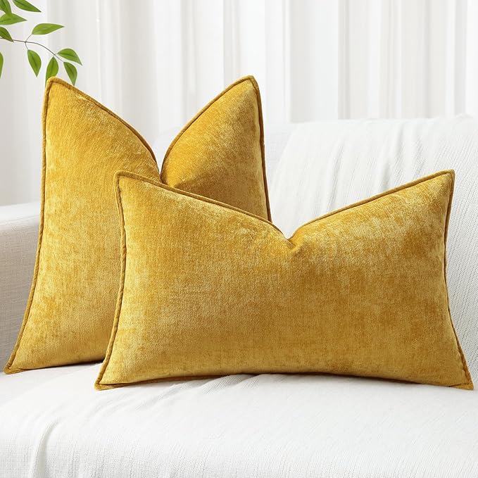 decorUhome Summer Couch Throw Pillow Covers 20x20 Set of 2, Decorative Soft Velvet Modern Cozy Chenille Pillow Cases with Elegant Design for Sofa Bed Living Room Home Decor, Mineral Yellow
