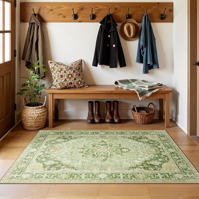 RELEANY Area Rugs 3'x4' Washable Non-Slip, Floral Vintage Distress Print Pattern Medallion Carpet for Living Room Bedroom Dining Room, Sage Green Yellow