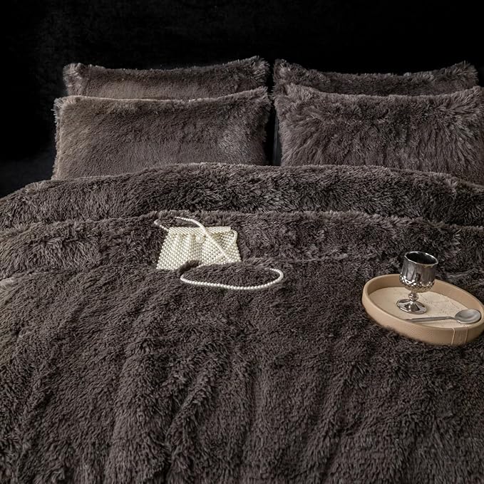 chovy Faux Fur Plush Gray Comforter Sets King - Ultra Soft Shaggy Flannel Velvet Fluffy Fuzzy 3PC Bedding Set (Comforter x 1 Pillowcases x 2)