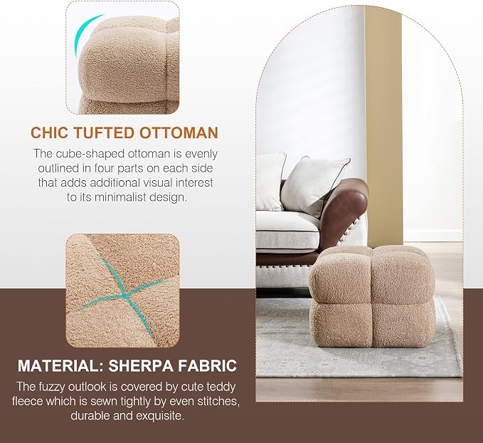 Zesthouse Square Pouf Ottoman Footstool, Modern Backless Vanity Stool for Bedroom, Tan Fuzzy Foot Rest for Couch, Upholstered Tufted Footstool, Sherpa Fabric Ottoman Coffee Table for Living Room