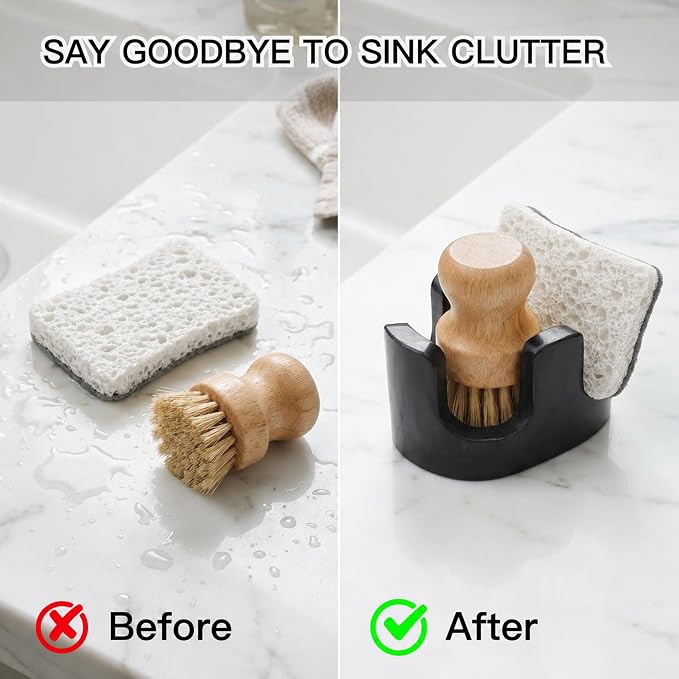 Black Marble Sponge Holder for Kitchen Sink, Dual Slot Stone Caddy, Nero Marquina | 2-in-1 Natural Marble Sponge & Brush Holder, Raised Edge Helps Catch Water, Keeps Countertop Dry, Luxury Kitchen Decor