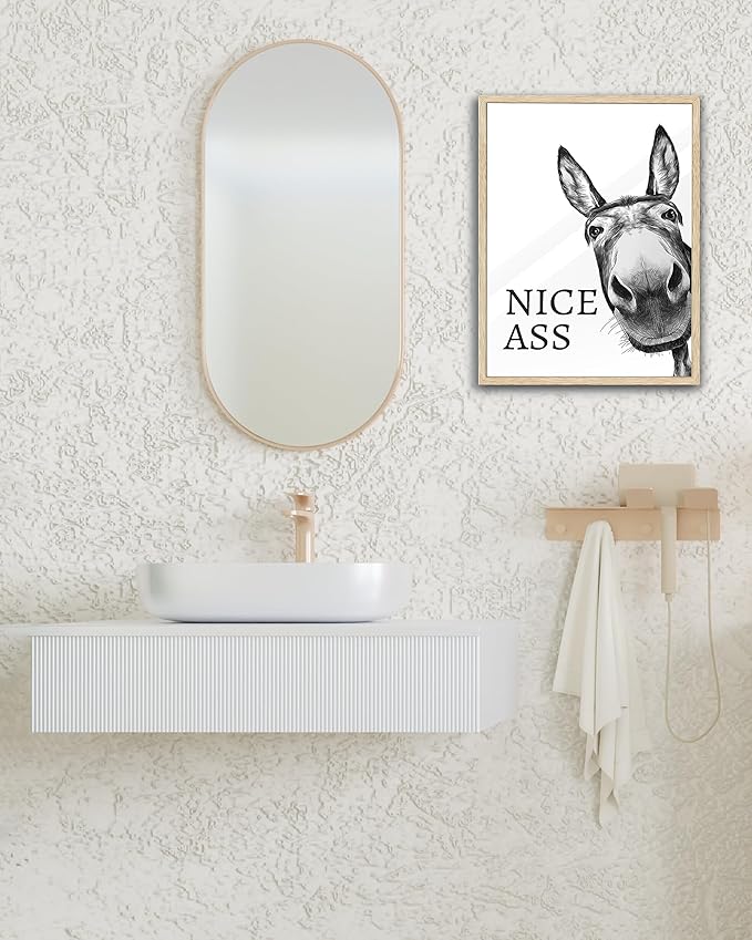 UPWOIGH Funny Donkey Oak Framed Canvas Wall Art, 12x16in Black and White Donkey Print for Bedroom Living Room Bathroom Wall Decor, Humorous Poster Aesthetic Gift Idea, 1Pack