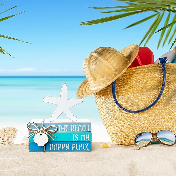 Pinkunn 4 Pcs Beach Themed Room Decor, Blue Starfish Seashell Coastal Block Wooden Block Beachy Centerpiece Decorative Signs & Plaques for Summer Home Office Desk Shelf Home