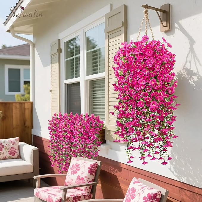 Serwalin Artificial Hanging Flowers for Outdoors Decoration, 4PCS UV Realistic Resistant Silk Artificial Fake Plants Outdoor for Porch Patio Balcony Planter Garden Yard Decor (Hot Pink,4PCS)