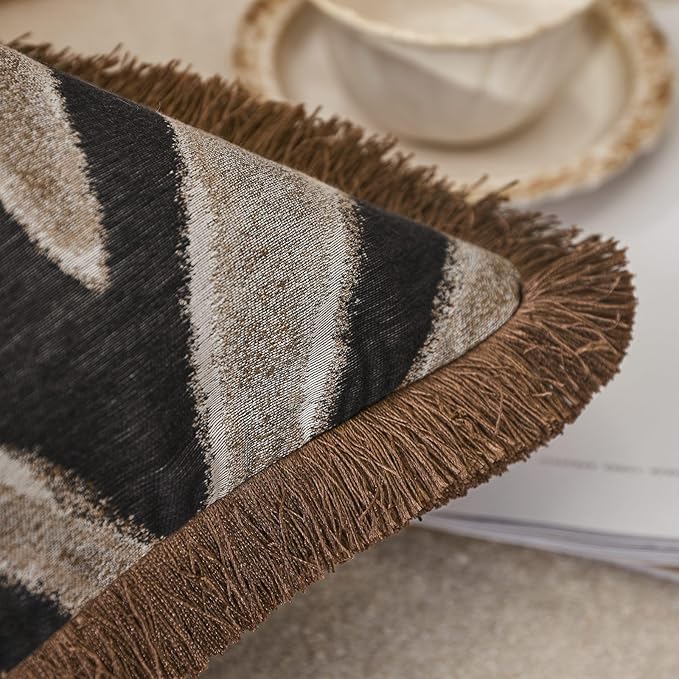 Luxury Zebra Lumbar Pillow Cover with Brown Tassel Trim, Zebra Pattern Jacquard Design Decorative Pillow Case for Sofa Bedroom Living Room, 12x20 Inch (Single Pack)