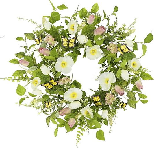 YNYLCHMX 18" Spring Summer Wreaths for Front Door, Artificial Floral Wreath with White Flower Eucalyptus Leaves Butterfly, Green Foliage Wreath for Wall Window Farmhouse Party Holiday Home Decor