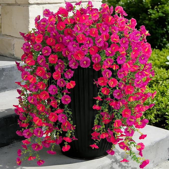 Fake Artificial Hanging Morning Glory Flowers for Outdoor Planters Porch Pation Decoration,2 Bundles UV Resistant Silk Faux Flowers with Realistic Eucalyptus Plants for Home Office Garden Decor