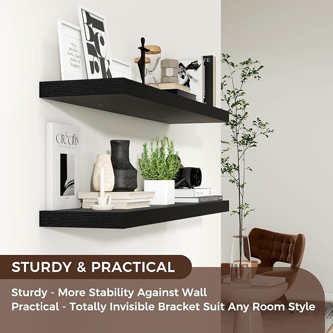 36" Wide x 8" Deep Floating Shelves for Wall, Black Finish, 2-Pack | Engineered Wood Wall Shelves with Invisible Brackets for Living Room, Bedroom, Bathroom, Office & Kitchen Storage