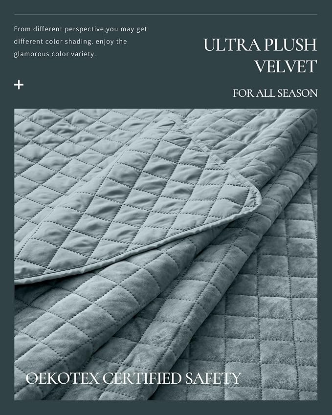 Luxury Velvet Queen Quilt Set, Ultra Soft Lightweight Velvet Comforter Set, Oversized Bedspread Coverlet with 2 Shams Diamond Pattern, for All Season (Blue)