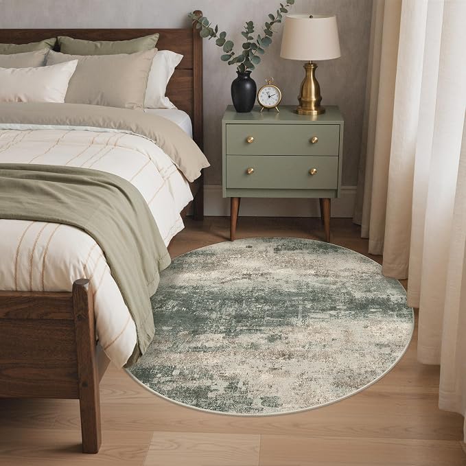 BEIMO Round Rugs 5FT for Living Room Bedroom, Modern Abstract Machine Washable Circle Rug, Soft Low Pile Floor Cover with Non Slip Backing for Dining Room, Grey/Dark Green