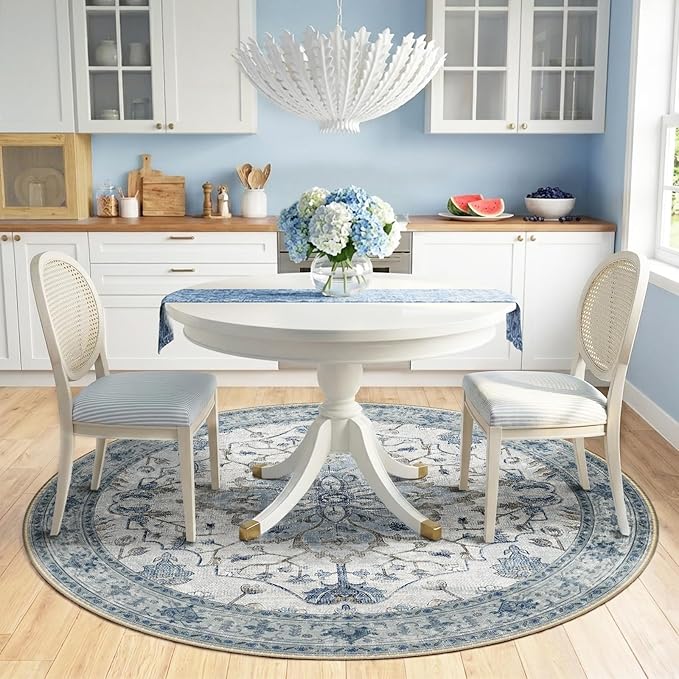 RELEANY Area Rugs 6ft Washable Non-Slip, Floral Vintage Distress Print Pattern Medallion Carpet for Living Room Bedroom Dining Room, Light Blue Navy Beige Gray White