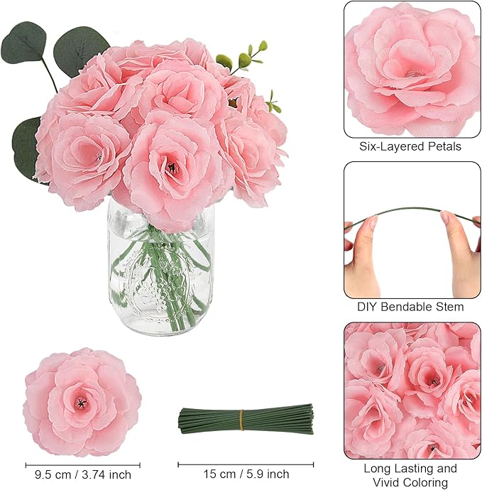 LELEE 108pcs Roses Head Flowers with Stem - Pink Artificial Flowers Rose Bulk - Silk Rose Fake Flower for Wedding Bouquet Valentine's Party Decor DIY Bridal Shower Centerpieces