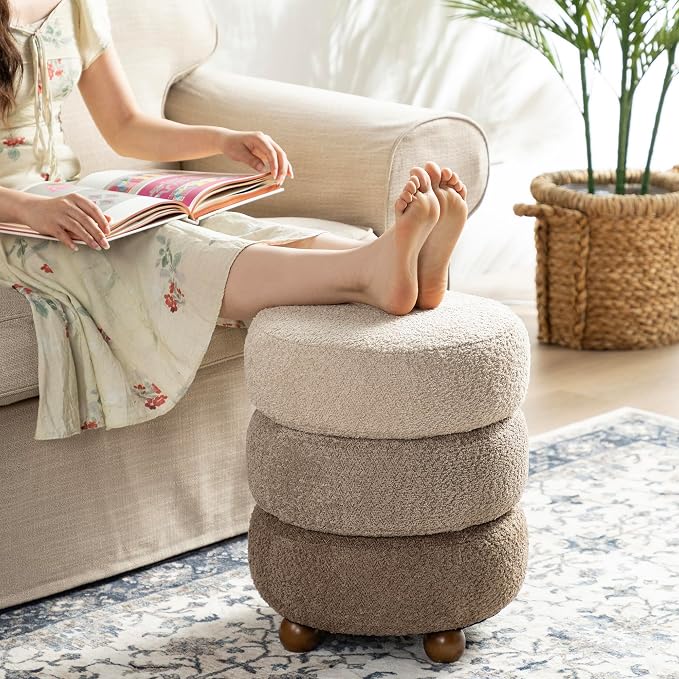 Glitzhome Round Ottoman with Storage Set of 2 Vanity Stool Foot Rest with Removable Lid Modern Upholstered Velvet Storage Ottoman Stool for Living Room and Dorm, Gradient Brown