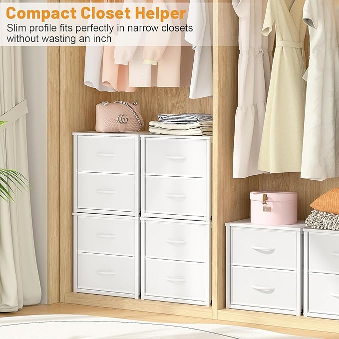 DAOUTIME Stackable Storage Drawers, White Closet Organizer with Wooden Top & Metal Frame, Closet Storage Drawers for Clothes, Freestanding or Stackable Dresser for Bedroom, Living Room, Under Bed