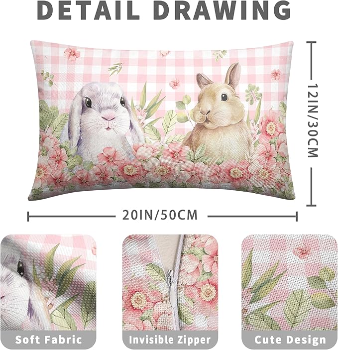 Easter Bunny Lumbar Pillow Covers 12x20 Set of 2 Spring Floral Decorative Pillowcase Cute Rabbit Cotton Linen Cushion Case Pink Plaid Throw Pillow Covers for Sofa Patio Outdoor
